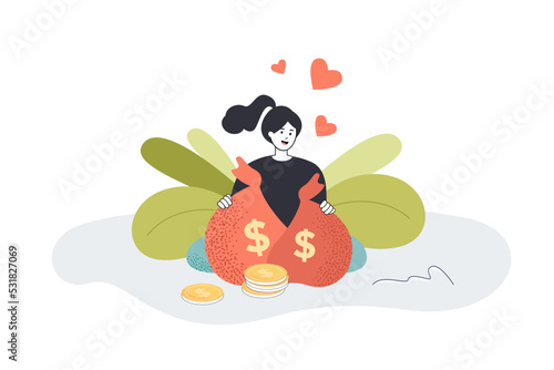 Cheerful girl with bags of money flat vector illustration. Happy woman earning huge amount of money. Wealth, banking, saving concept for banner, website design or landing web page.