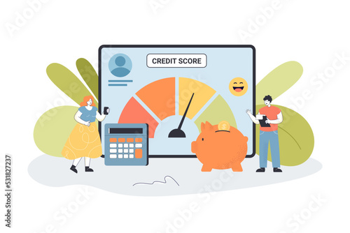 Credit score gauge flat vector illustration. Indicator with color blocks from poor to rich. Finance, rating, success, report, credit history concept for banner, website design or landing web page