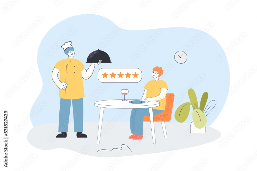 Man dining at expensing restaurant flat vector illustration. Chef bringing dish out to client. High quality service, food concept for banner, website design or landing web page