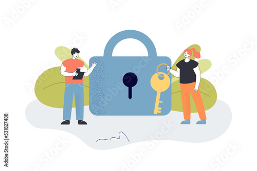 Man and woman holding key flat vector illustration. People picking lock, solving problems. Security, cooperation, opportunity, protection concept for banner, website design or landing web page