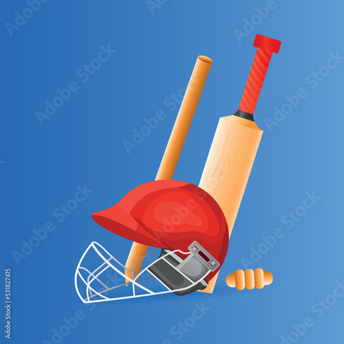 Cricket sport concept. Poster with equipment for playing cricket. Helmet, bat and wooden sticks. Sports championship, competition or tournament. Realistic 3D vector illustration with blue background