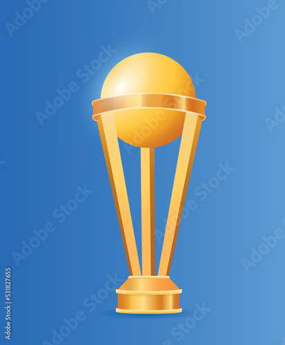 Trophy for Cricket. Poster with beautiful golden cup for rewarding winners in sports competition or tournament. Design element for banners and social media. Realistic modern 3D vector illustration