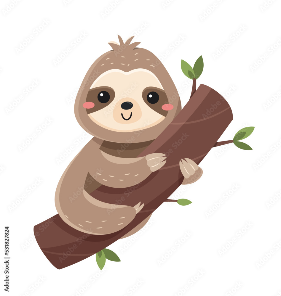 Fototapeta premium Funny cute sloth. Smiling lazy animal lies on thick branch of tree. Slow exotic mammal. Design element for social networks or posters. Cartoon flat vector illustration isolated on white background