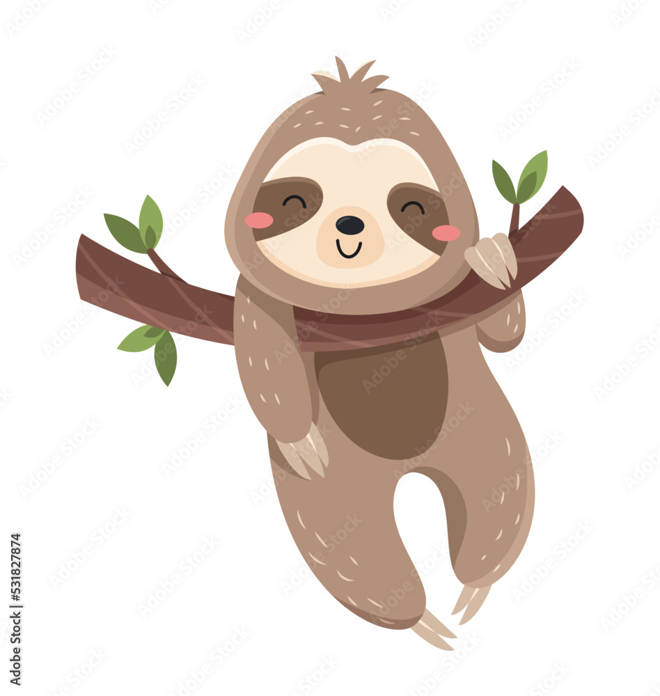 Fototapeta premium Funny cute sloth. Smiling lazy animal hangs on tree branch in savannah or jungle. Slow mammal. Design element for postcards or printing on fabric. Cartoon flat vector illustration isolated on white
