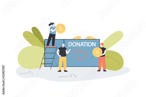 People donating money flat vector illustration. Young and elderly people putting gold coins into huge box. Support, help, volunteering, charity concept for banner, website design or landing web page