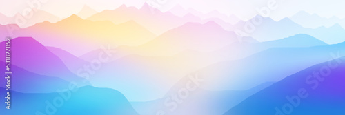 Sunrise in the mountains, ranges in the morning fog, panoramic view, multicolor background