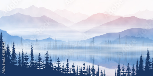 Sunset on the lake, picturesque reflection. Mountain landscape, panoramic view of ridges and forest in fog, vector illustration.