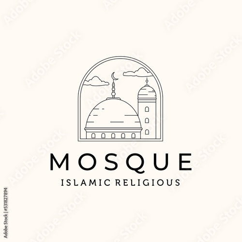 mosque tower line art logo vector minimalist illustration design, islamic dome mosque symbol design