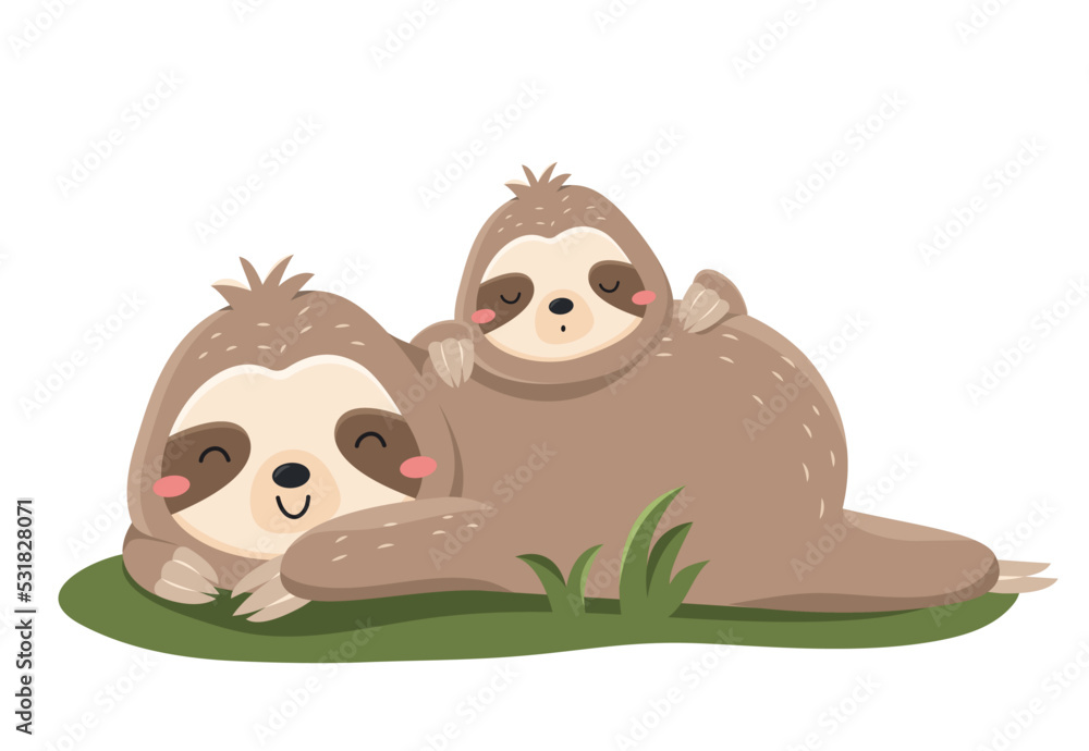 Fototapeta premium Funny cute sloth. Smiling mother and child lazy animals lie on green grass, rest and sleep. Family of slow mammals. Design element for printing on fabric or paper. Cartoon flat vector illustration