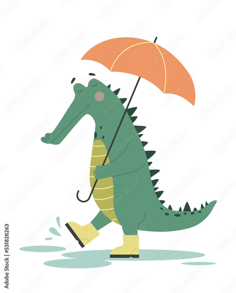 Fototapeta premium Cute funny crocodile. Alligator in boots holding umbrella and walking through puddles in rainy weather. Design element for printing. Cartoon flat vector illustration isolated on white background