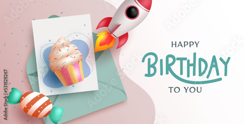 Fototapeta Naklejka Na Ścianę i Meble -  Happy birthday greeting vector design. Happy birthday to you text with invitation card elements for birth day celebration. Vector illustration. 
