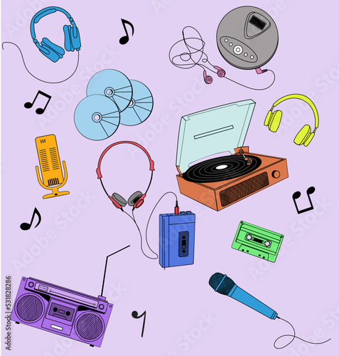 illustrations of music equipment,  vector, set, music, 90s, headset, vinyl, cd player, microphone, turntable, stereo, radio, walkman, cassette, flat colors, flat, 