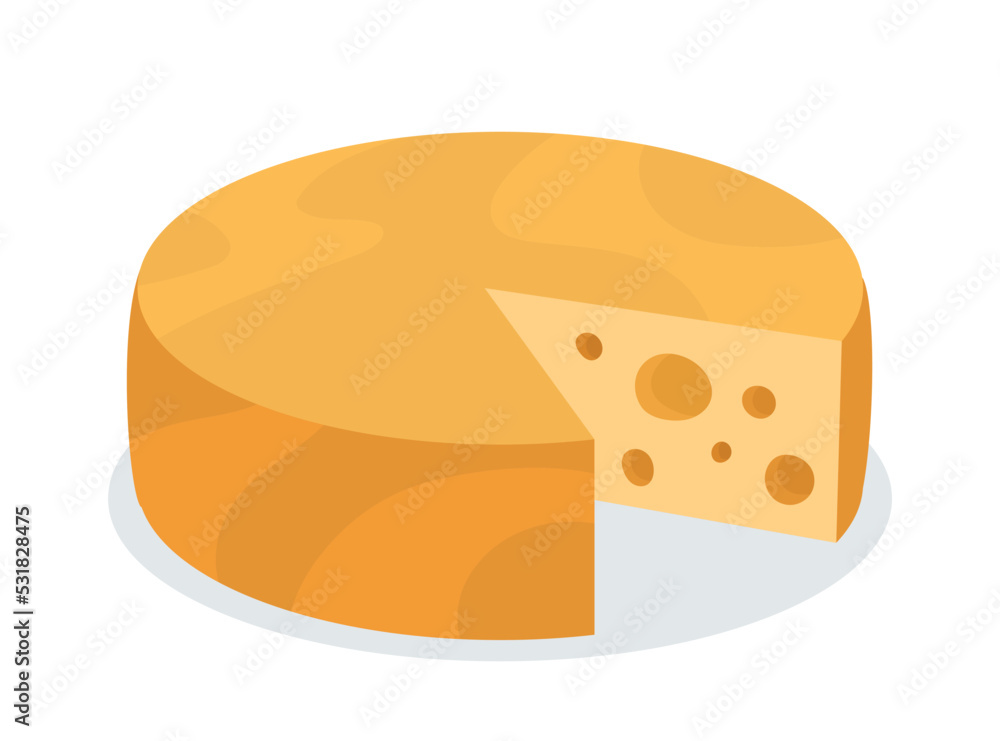 Dairy product concept. Icon or sticker with round cheddar or parmesan cheese with cut off piece. Design element for advertising posters. Cartoon flat vector collection isolated on white background Dairy product concept. Icon or sticker with round cheddar or parmesan cheese with cut off piece. Design element for advertising posters. Cartoon flat vector collection isolated on white background
