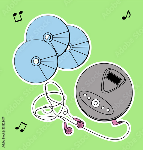 Illustration of a cd player, walkman, retro, vector, flat color