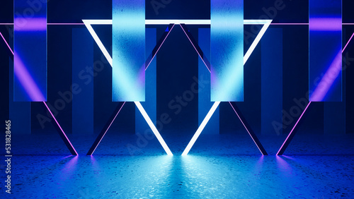 Fototapeta Naklejka Na Ścianę i Meble -  Futuristic Triangle Sci-Fi Abstract Blue Neon Light square On Black Background And Reflective Concrete With Empty Space For Text 3D Rendering