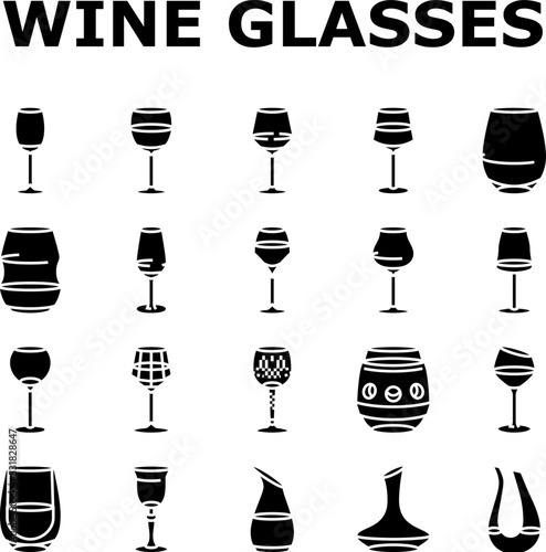 wine glass red drink alcohol icons set vector. cup bar, merlot party, cabernet bottle, champagne liquid, restaurant, goblet wine glass red drink alcohol glyph pictogram Illustrations