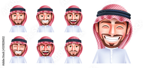 Saudi man character set vector design. Arab handsome man collection with happy facial expression isolated in white background. Vector Illustration. 
