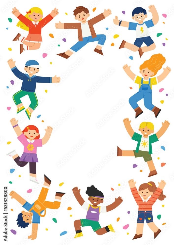 Multi-Cultural children jumping together. Template for advertising brochure. Multi-Cultural children jumping together. Template for advertising brochure.