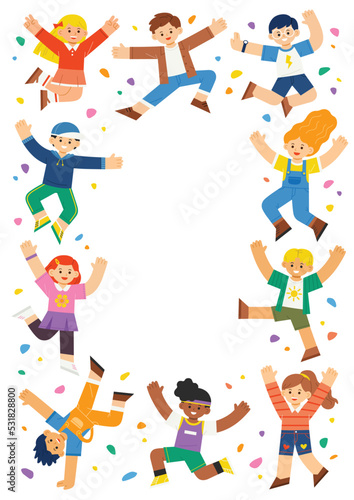 Multi-Cultural children jumping together. Template for advertising brochure.