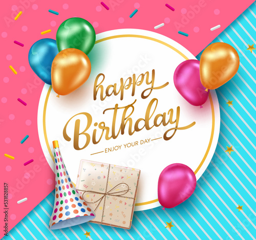 Birthday greeting vector template design. Happy birthday text in circle space with colorful balloons and gift in pattern background for birth day messages. Vector illustration.
