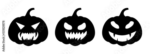 Set of angry pumpkins, different faces on white background. silhouette pumpkin with smile for holiday Halloween.