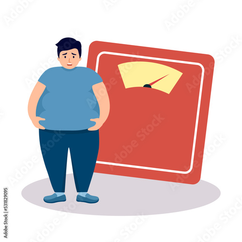 Fat man worrying about his weight in flat design on white background.