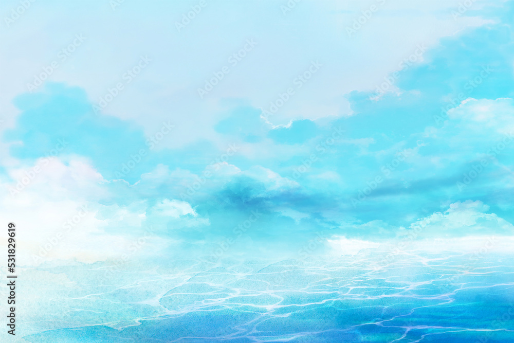 ターコイズブルーの夏空と海の風景イラスト