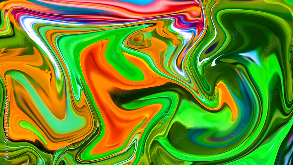 Liquid abstract background with the dominant green color, there are also other colors such as yellow, red, blue, and white.