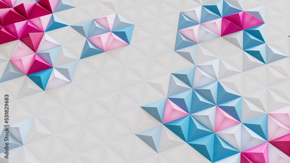White, Blue and Pink Abstract Surface with Tetrahedrons. Futuristic, Bright 3d Banner. White, Blue and Pink Abstract Surface with Tetrahedrons. Futuristic, Bright 3d Banner.