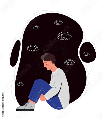 Unhappy person in depression. Upset teenager guy with mental problems and psychological disorders sits in dark hugging his knees. Stress, grief and loneliness. Cartoon flat vector illustration