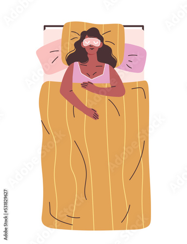 Person sleeping in bed. Girl lies on soft pillow under warm blanket and dreams. Night time for sleep, relaxation and energy recovery. Cartoon flat vector illustration isolated on white background