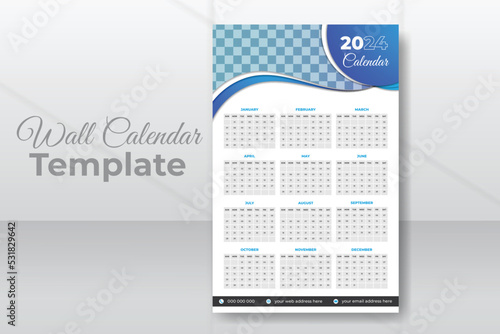Monthly wall calendar design template for 2024 with abstract purple color shapes. Week starts from Sunday. Modern and minimal wall calendar for 2024 with white background