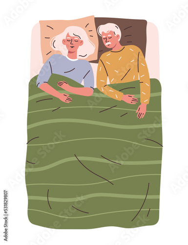 People sleeping in bed. Elderly man and woman lie on soft pillows under blanket and relax together. Old couple restore energy at night. Cartoon flat vector illustration isolated on white background