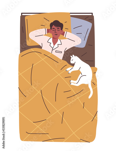 Person sleeping in bed. Resting man in stylish pajamas lies on soft pillow under blanket with his fluffy cat. Asleep character with pet. Cartoon flat vector illustration isolated on white background