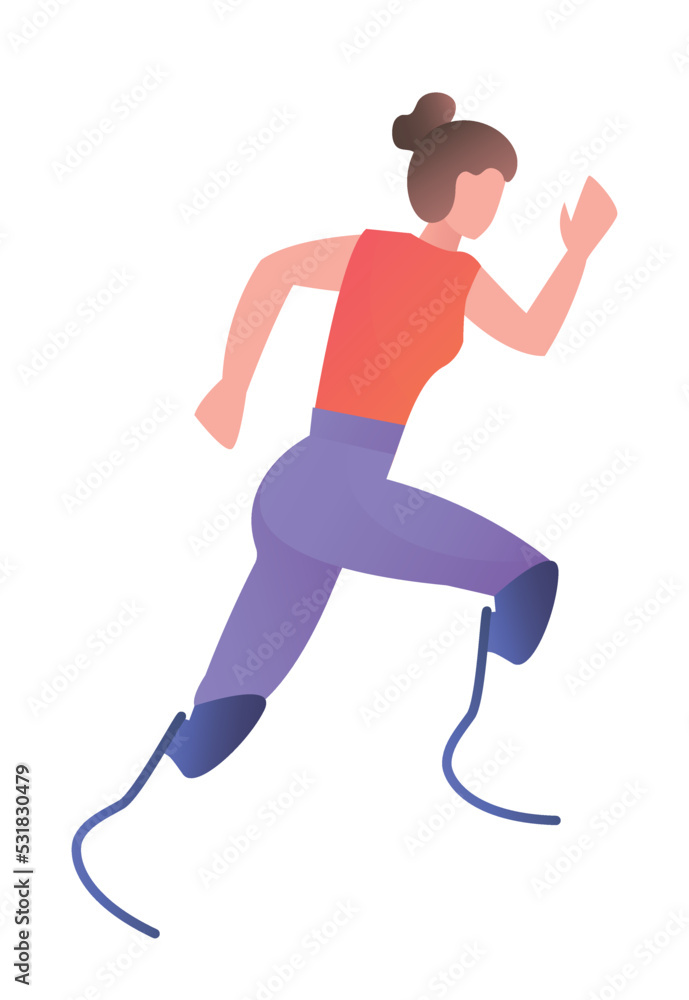 Health day concept. Woman with two prosthetic legs running. Person with disability exercising. Marathon, sprint and cardio training. Sticker for social media. Cartoon flat vector illustration