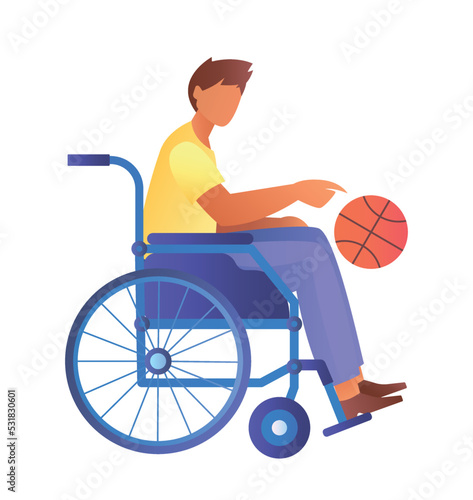 Health day concept. Young guy in wheelchair with basketball. Athlete with disability. Team game, sports and training, activity. Poster or banner for website. Cartoon flat vector illustration