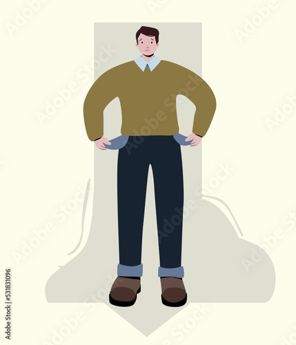 A man shows his empty pockets on a light yellow background with a down arrow. Vector illustration in flat style