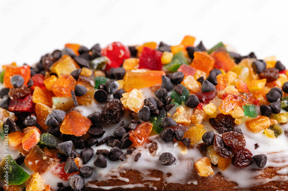 Festive Christmas cake with dried fruits, close-up Festive Christmas cake with dried fruits, close-up