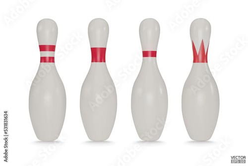 Realistic bowling pins with red stripes isolated on white background. Bowling icon. 3D vector illustration.
