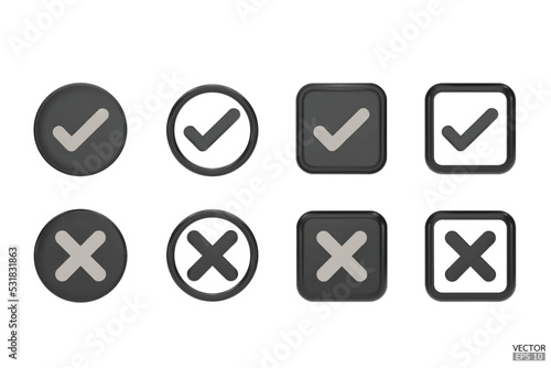 set of 3D black Checkmark and X mark icon set. Checkmark right symbol, tick sign. check and uncheck for web and mobile apps. 3D vector illustration.
