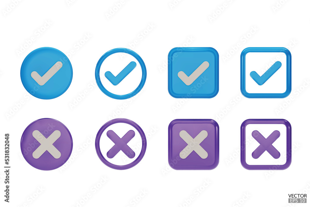 set of 3D Checkmark and X mark icon set. Blue and purple Checkmark right symbol, tick sign. check and uncheck for web and mobile apps. 3D vector illustration. set of 3D Checkmark and X mark icon set. Blue and purple Checkmark right symbol, tick sign. check and uncheck for web and mobile apps. 3D vector illustration.