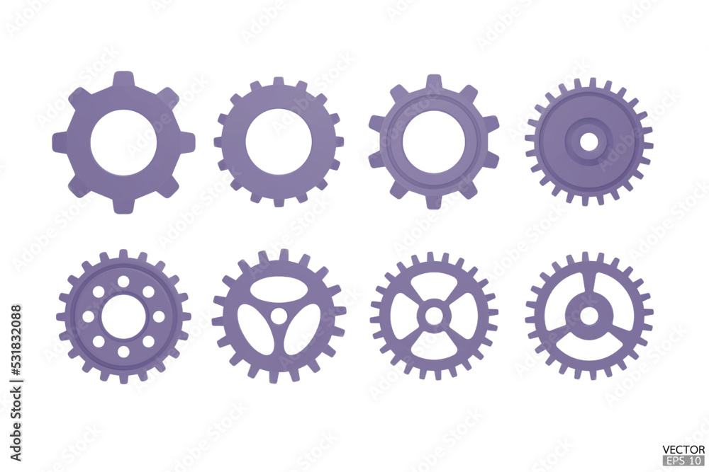 3D purple Gear icon set. Transmission cogwheels and gears are isolated on white background. Purple Machine gear, setting symbol, Repair, and optimize workflow concept. 3d vector illustration. 3D purple Gear icon set. Transmission cogwheels and gears are isolated on white background. Purple Machine gear, setting symbol, Repair, and optimize workflow concept. 3d vector illustration.