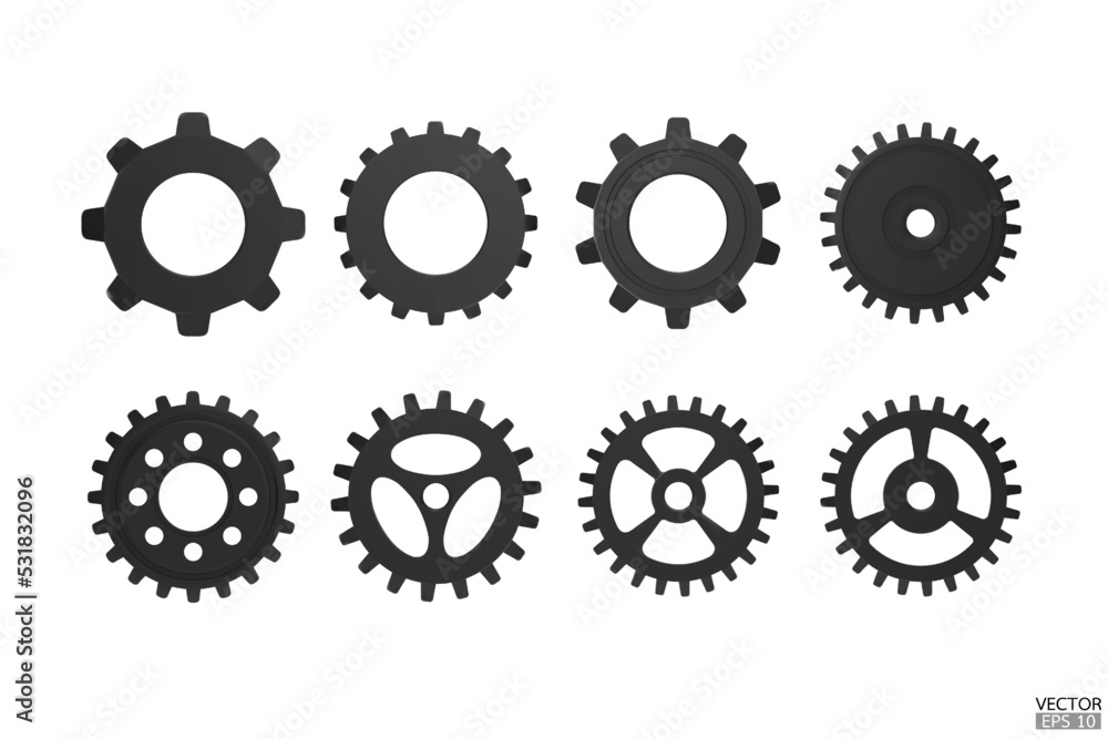 3D black Gear icon set. Transmission cogwheels and gears are isolated on white background. Machine gear, setting symbol, Repair, and optimize workflow concept. 3d vector illustration. 3D black Gear icon set. Transmission cogwheels and gears are isolated on white background. Machine gear, setting symbol, Repair, and optimize workflow concept. 3d vector illustration.