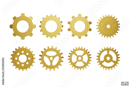 3D gold Gear icon set. Golden Transmission cogwheels and gears are isolated on white background. Yellow Machine gear, setting symbol, Repair, and optimize workflow concept. 3d vector illustration.