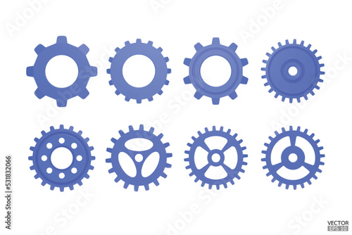 3D blue Gear icon set. Transmission cogwheels and gears are isolated on white background. Blue Machine gear, setting symbol, Repair, and optimize workflow concept. 3d vector illustration.
