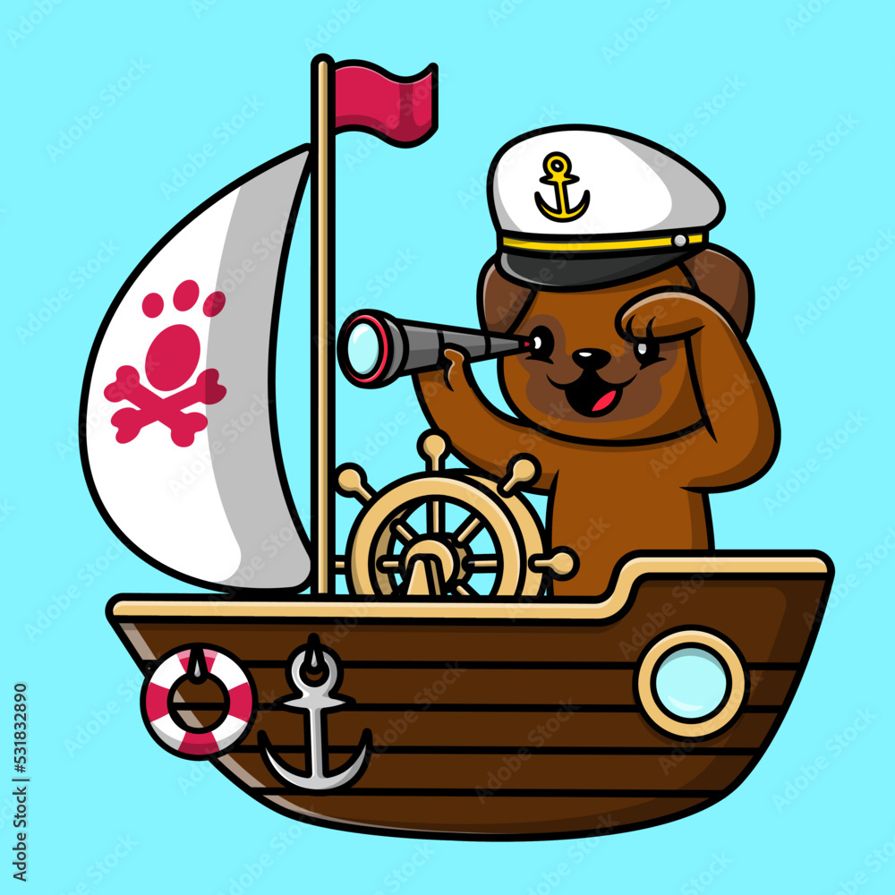 Cute Pug Dog Binocular On Boat Cartoon Cartoon Vector Icon Illustration ...