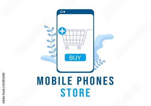 Mobile Phone Store Template Hand Drawn Cartoon Flat Illustration with Phones Models, Tablets, Gadget Retail, Other Devices and Accessories