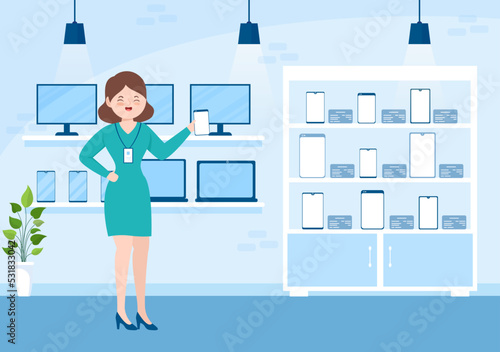 Mobile Phone Store Template Hand Drawn Cartoon Flat Illustration with Phones Models, Tablets, Gadget Retail, Other Devices and Accessories