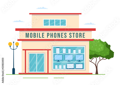 Fototapeta Naklejka Na Ścianę i Meble -  Mobile Phone Store Template Hand Drawn Cartoon Flat Illustration with Phones Models, Tablets, Gadget Retail, Other Devices and Accessories