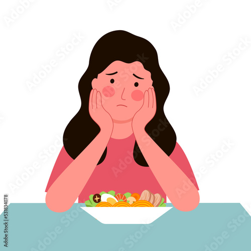 Woman feel not hungry concept vector illustration on white background. Female unable to eat.
